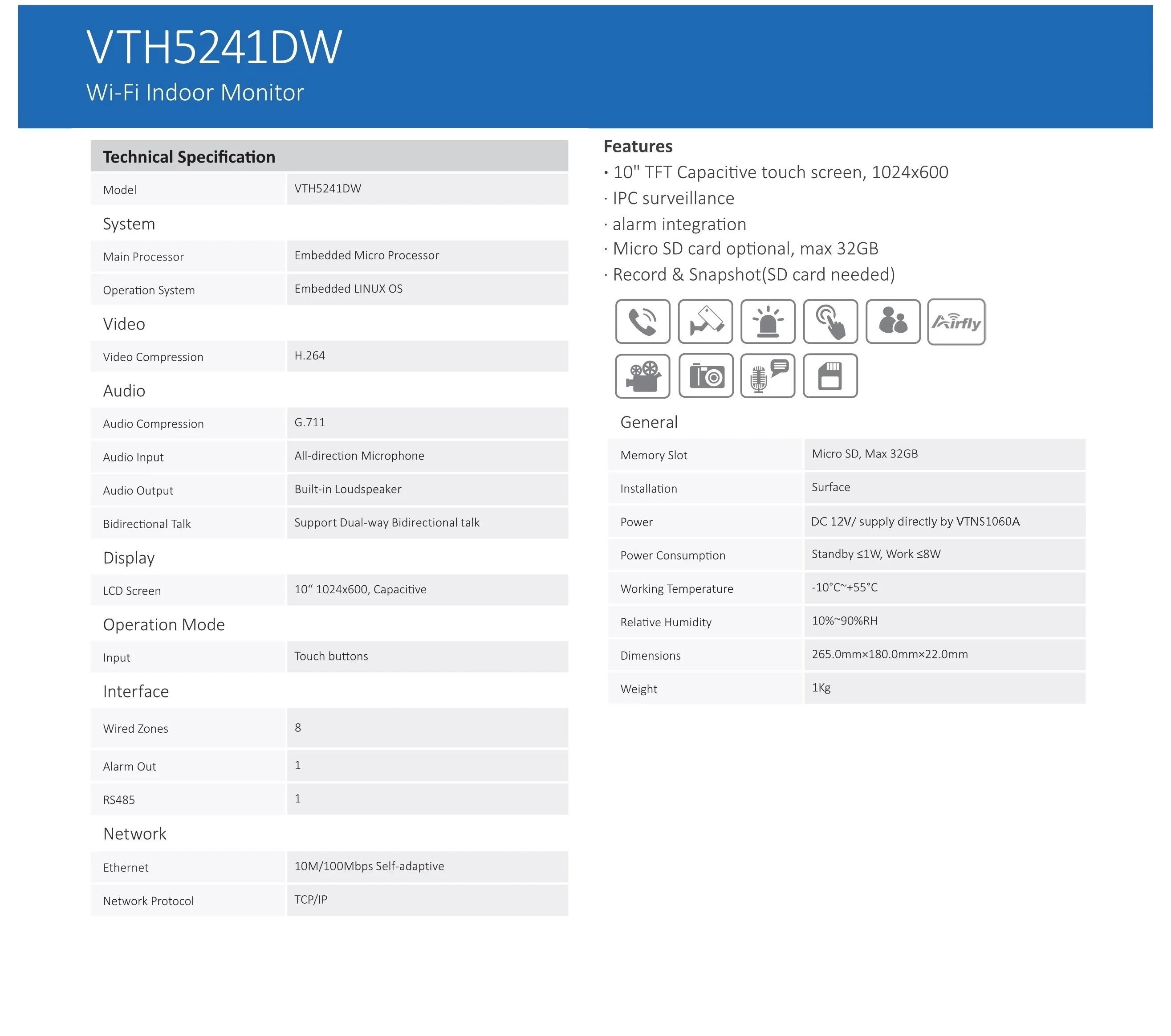 DH логотип VTH5241D/DW 10 дюймов внутренний монитор, SIP версия, дверной звонок, видеодомофон, проводной дверной звонок