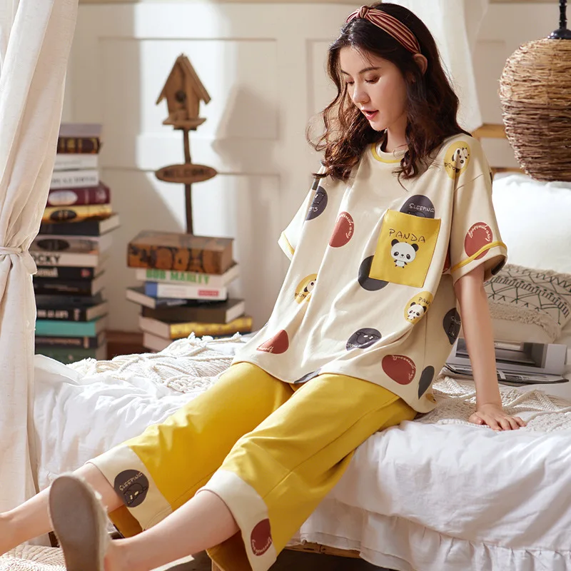 

Women's summer cotton pajamas short-sleeved cropped pants polka dot sweet suit large size loose cotton home service sleepwear