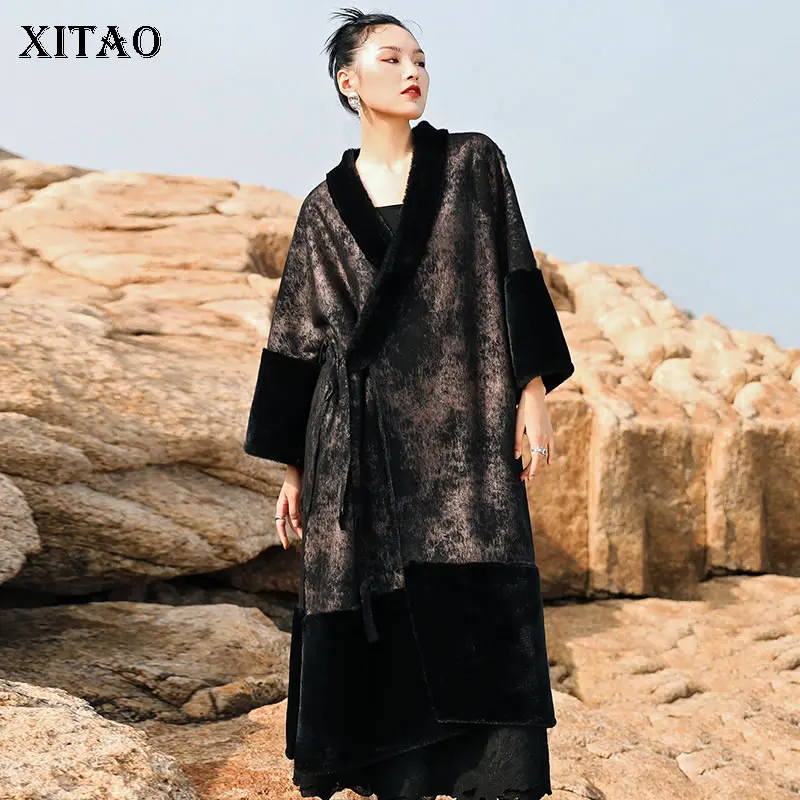 

XITAO Winter New Vintage Blends Coat Women Plush Splicing Bandage Placket Coat 2021 Loose Fashion Large Size Women ZY6614