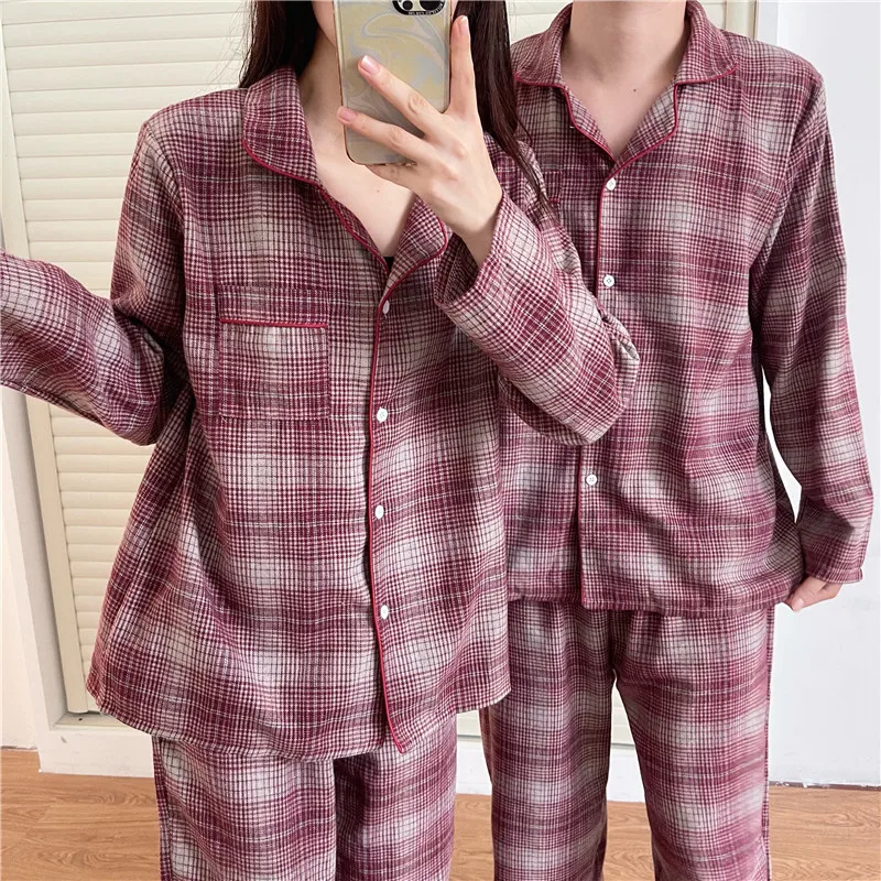 

wine red couple pyjamas home suit sanding plaid sleepwear 2 piece set home service long sleeve blouse pants autumn winter L824