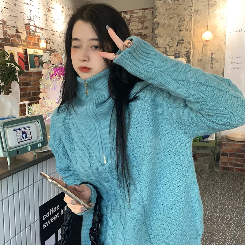 

Control make languid is lazy women's autumn/winter wind upset the high-necked zipper twist knitting sweater loose coat