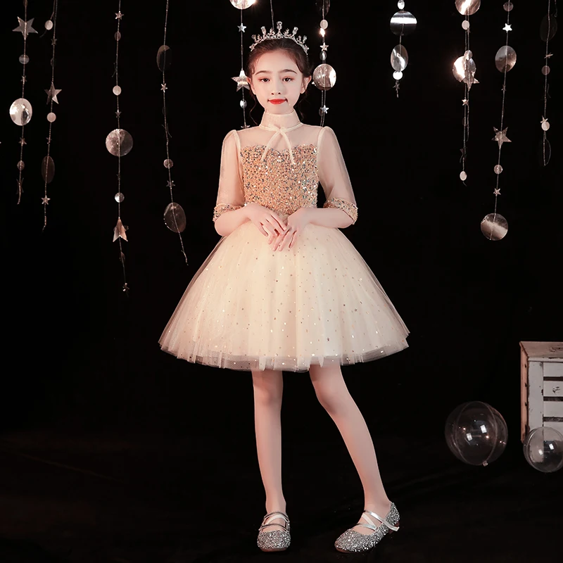 

Girls Pageant Dresses Champagne Puffy Princess Tulle Children Dresses For Birthday Party Kids Prom Gowns
