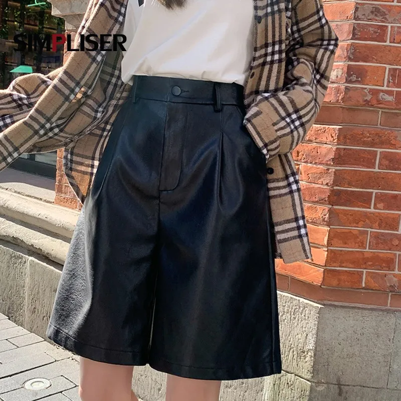 Женские широкие брюки из искусственной кожи капри до колен свободные с высокой