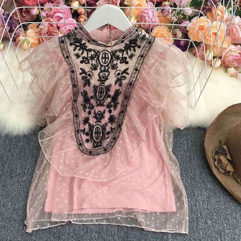 

2021 New Summer Women Sweet O-neck flying sleeve Shirt embroidery mesh Ruffles patchwork short Shirt Top with Camisole