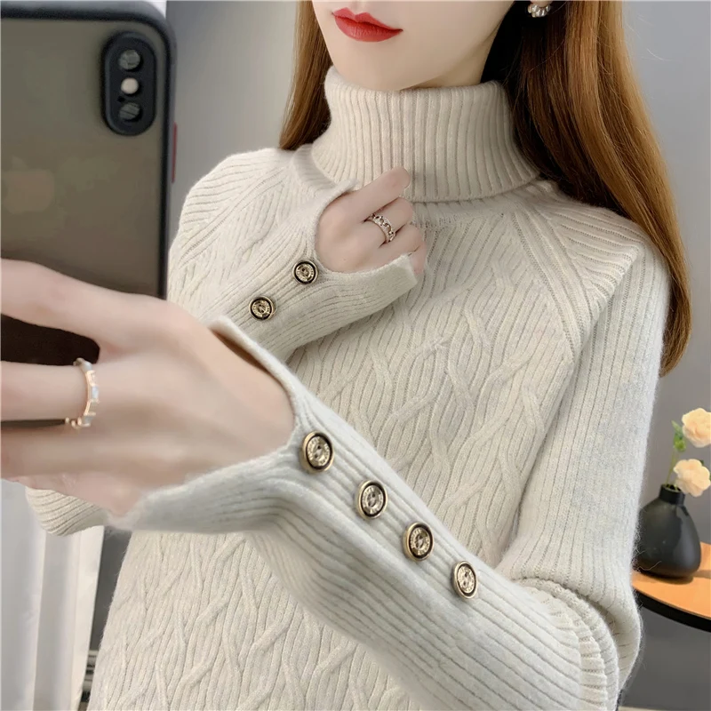 

22386 (3 rooms and 2) make the pure color button open fork sets turtleneck sweater [1675] 48