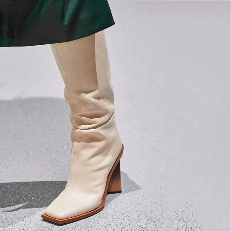 

Block Heeled Square Toe Boot Knee High Slip On Fashion New Arrivals Luxury Designer Heel Solid Leather Dress Boots