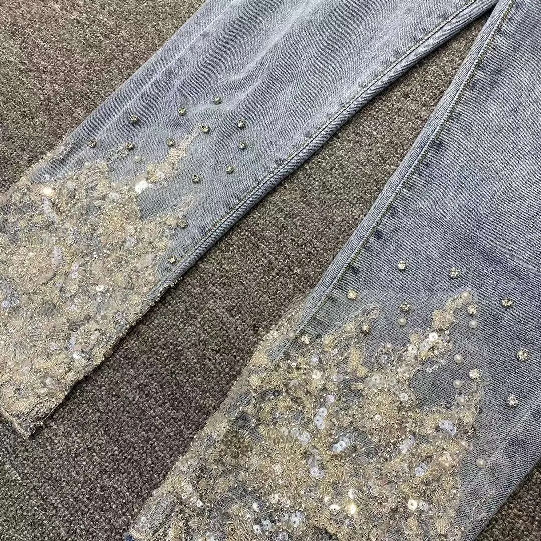 

2021 Fashionable Embroidered Bead Jeans High-end Lace Stitching Micro-Elastic Pants High Waist Slimming Elegant Straight Pants