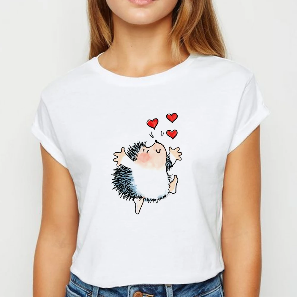 

Animal Hedgehog Love T shirt Women Kawaii Spring Summer Tshirt Prevalent Cartoon Women's shirt ropa mujer O-Collar T-shirts