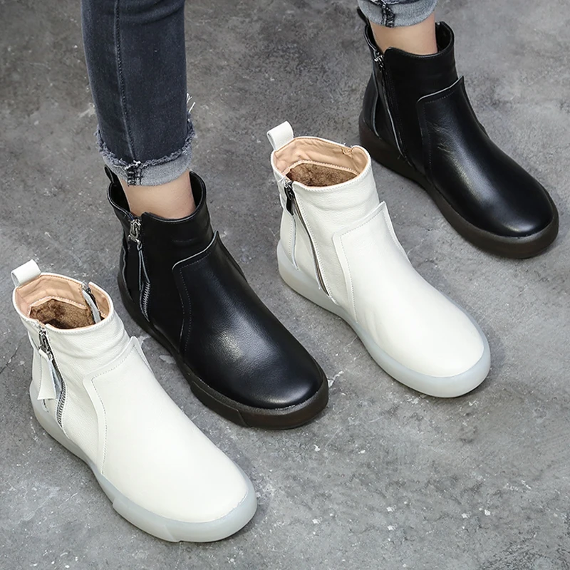 

PEIPAH Women Genuine Leather Short Boots Ladies Platform Shoes Woman Flat with Solid Winter Ankle Boots Female Motorcycle Boots