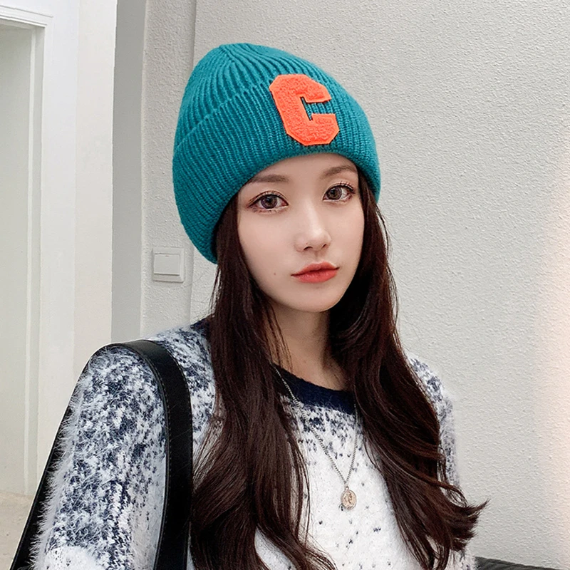 

Autumn And Winter Thick Woolen Hat Female Candy Color Simple C Letter Knitted Hat Warm Couple Ear Protection Cold Hats 12 Colors