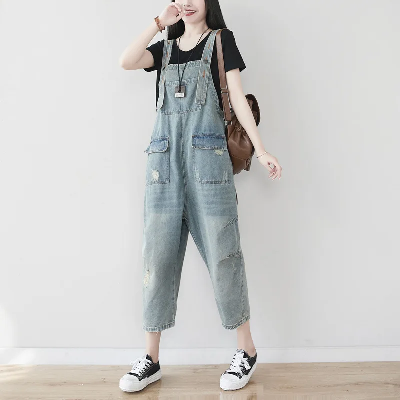 

Hot korean Style fashion Denim Jumpsuits Overalls New Patchwork loose oversize Rompers T169