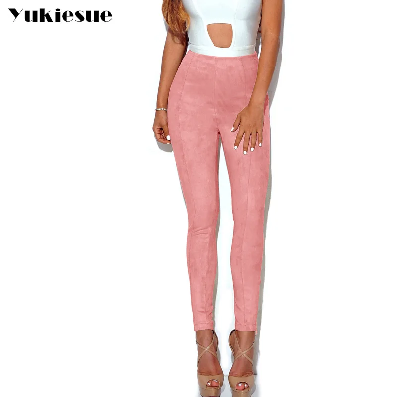 Женские кожаные и замшевые брюки облегающие эластичные карандаш с высокой