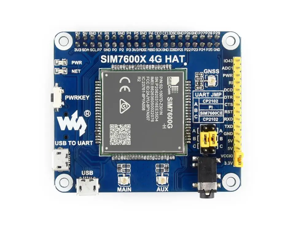 Шляпа Waveshare для Raspberry Pi 4G/3G/2G/GSM/GPRS/GNSS на базе сети LTE CAT4 глобальная версия |