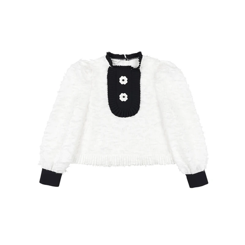 

NEW early autumn puff sleeve small flower button color-blocking shirt, stand-up collar pleated lace contrast color-stitching top