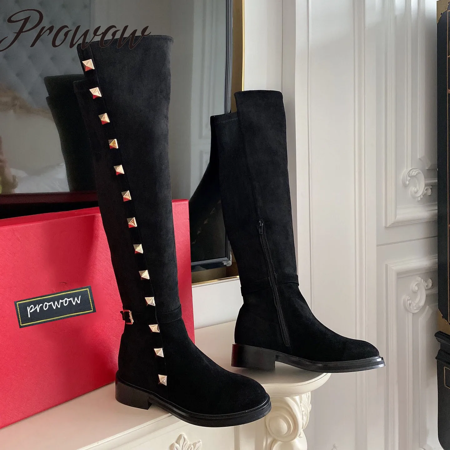 

Prowow New Suede Leather Metal Studded Punk Moto Boots Slip On Knee HIgh Boots Shoes Women Designer Boots