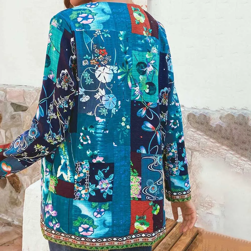 

2020 Women Autumn Ethnic Floral Print Pockets Long Sleeve Loose Jacket Coat Cardigan