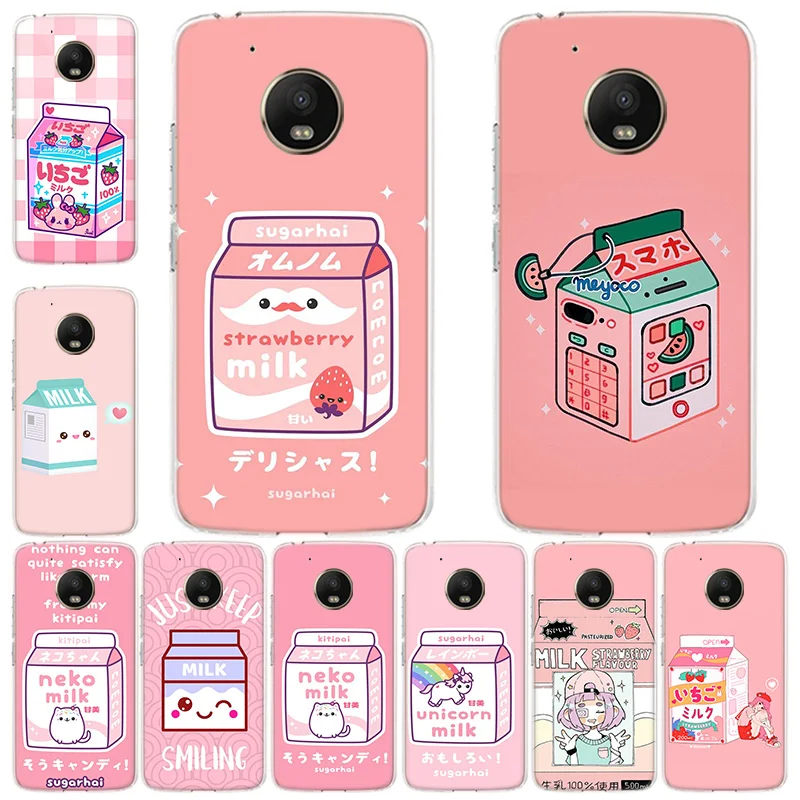 

Kawaii Japanese Strawberry Milk Phone Case For Motorola Moto One Fusion Plus Vision G9 Power G8 G7 Play G6 G5 G5S E6 Cover Case