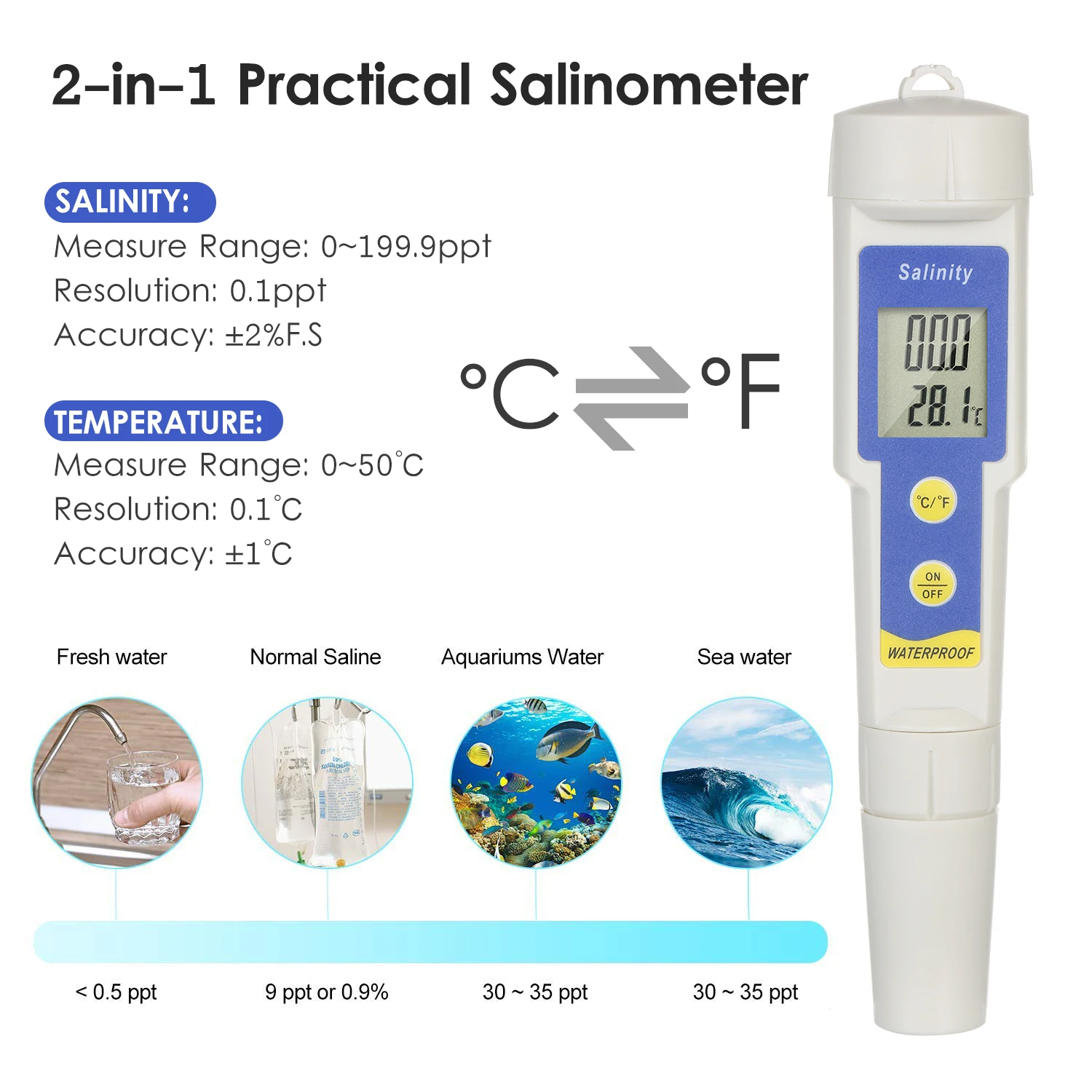 

2-in-1 SalinometerWaterproof Salinity Temperature Meter Water Analysis Tool 0~199.9ppt Salinograph Range Temperature Meter