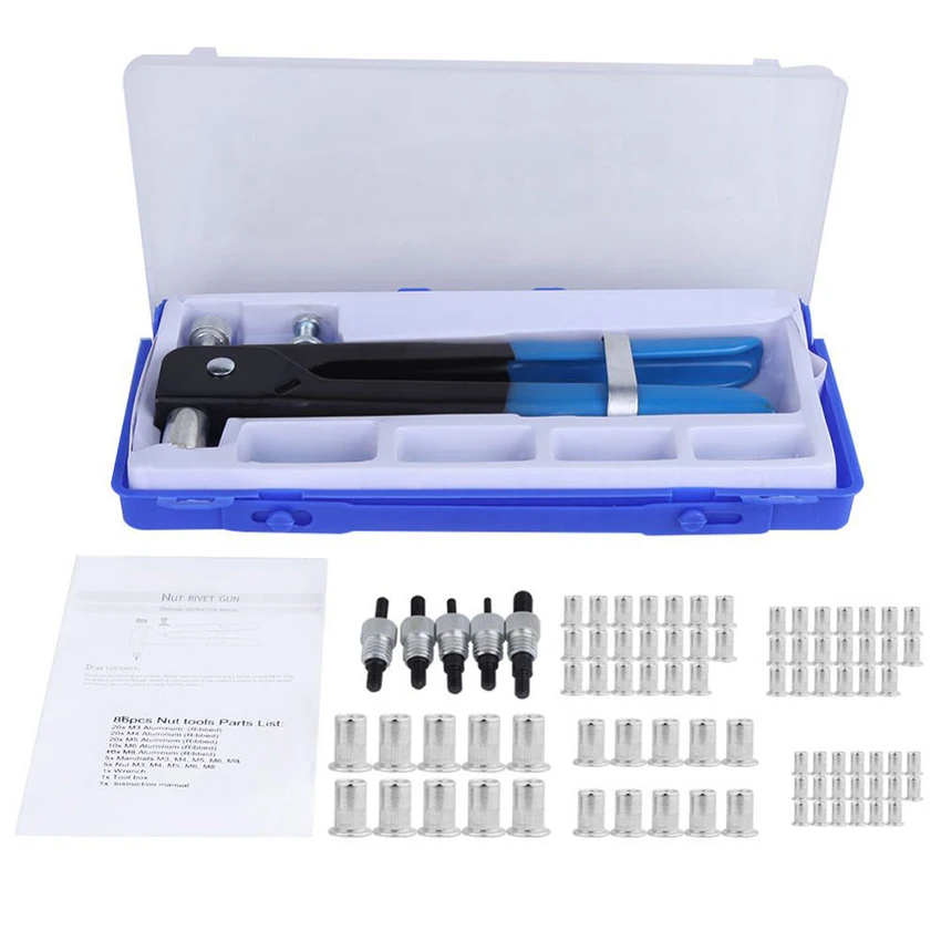 

86PCS/Set Rivet Nut Tool Kit Set Riveting Nuts, Heavy Duty Hand Blind Rivet Nut Gun Kit M3-M8 Threaded Insert Rivet Nuts