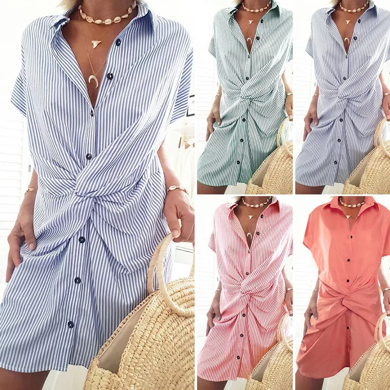 

Women Striped Shirt Dress Casual Short Sleeve Knot Single-Button Dress