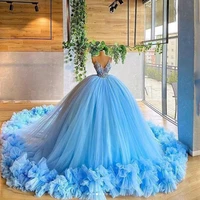 light sky blue ball gown prom dresses spaghetti v neck ruffle tulle sweep train evening gowns robe de soiree for photo elbisesi