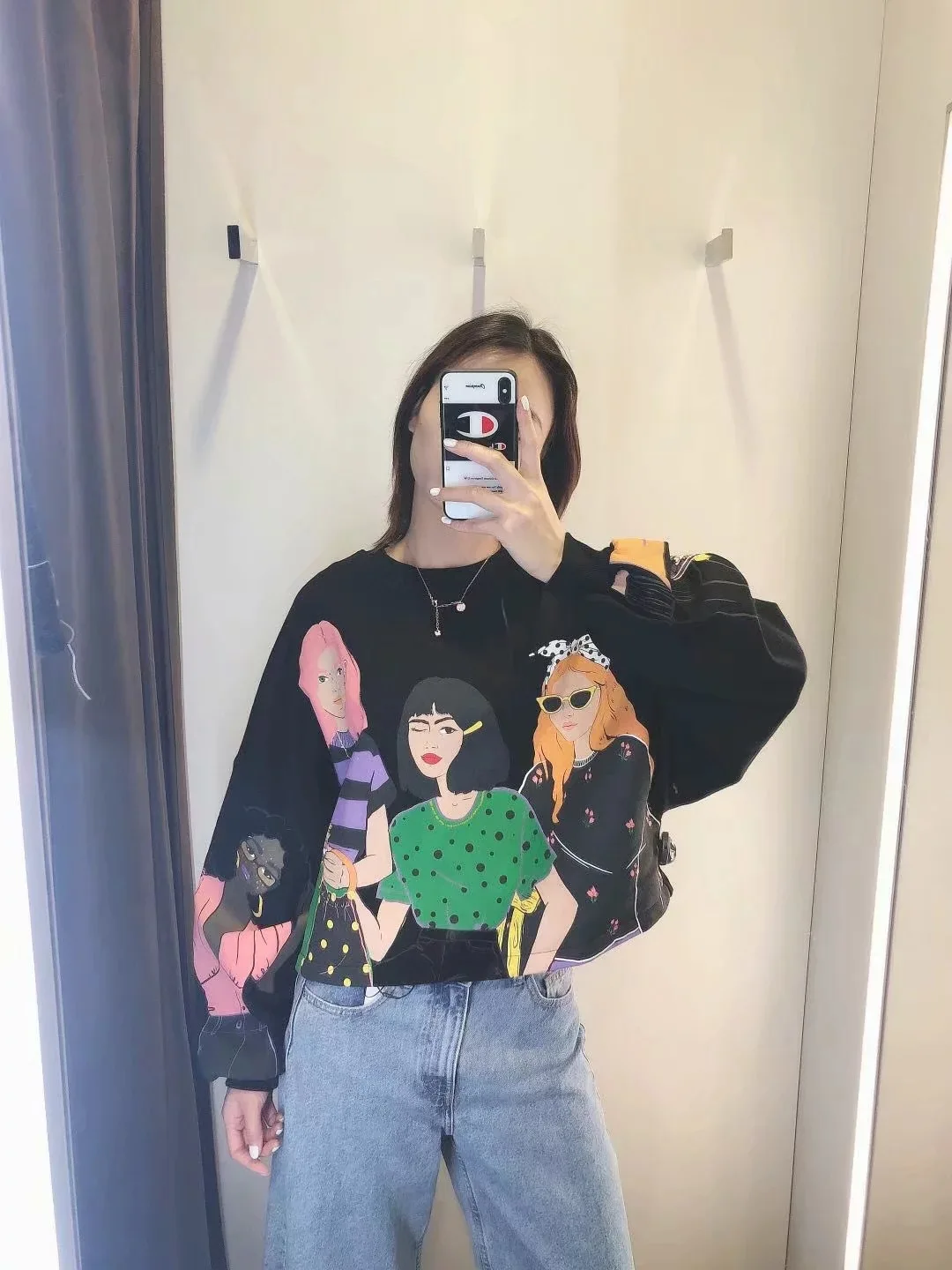 

Spring Autumn Women's Round Neck Pullover Girl Print Short Sweater Long Sleeve Cartoon Top Short Plush Inside Top Sweatshirts