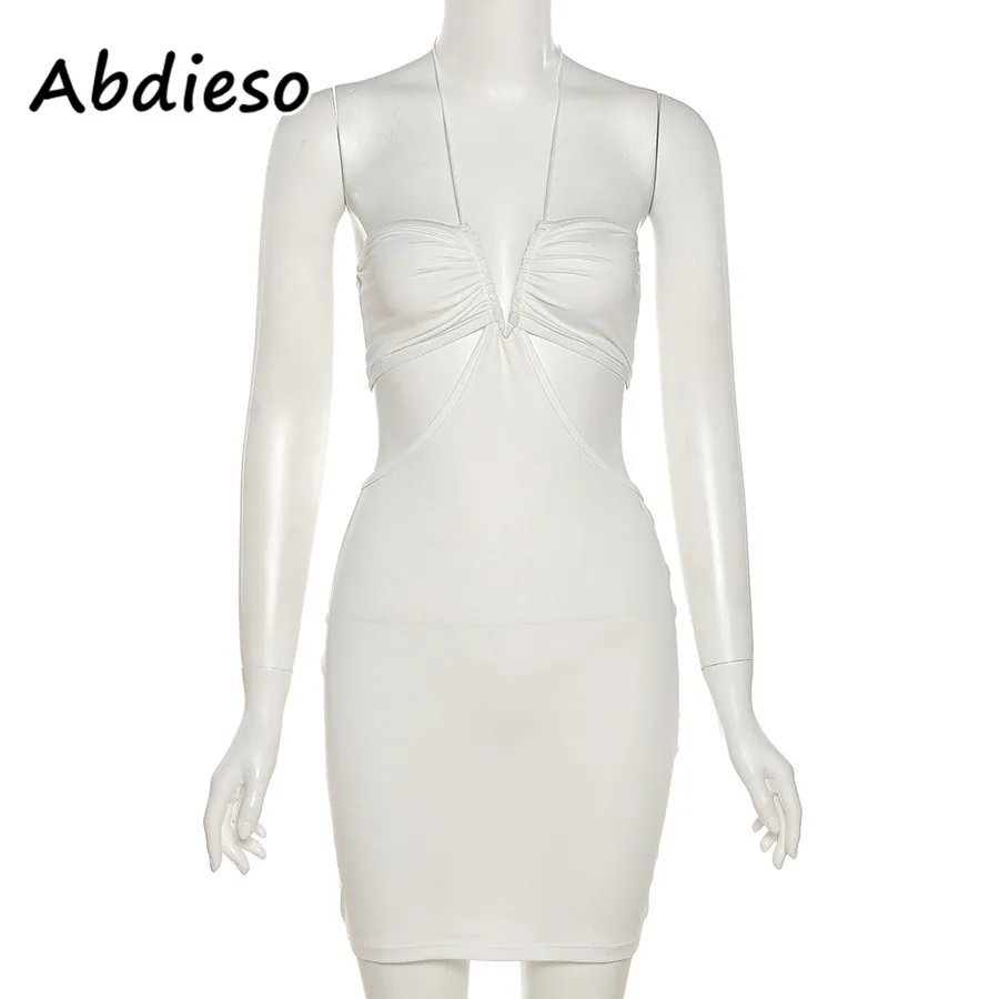 

Abdieso Tie Dye Cut Out Sexy Halter Summer Dress For Women Clothing Brown 2021 Sleeveless Backless Bodycon Mini Party Dress