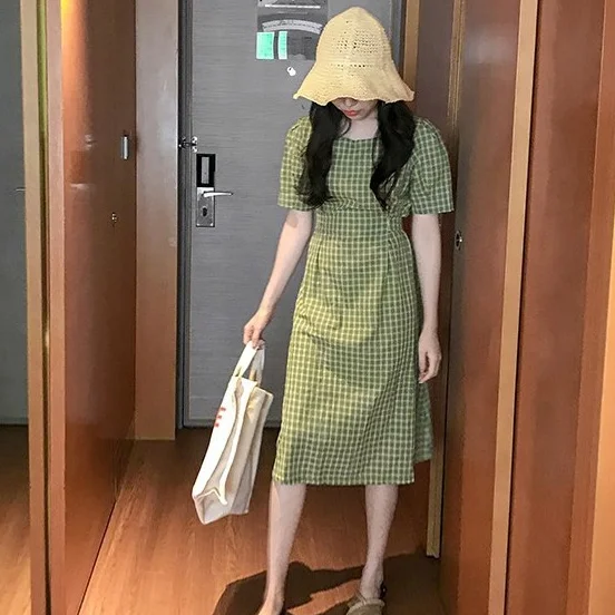 Летнее платье в клетку из хлопка и льна с принтом женское приталенное платье-миди