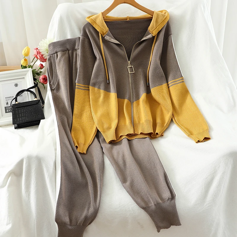 

Amolapha Women Hit Color Patchwork Hooded Cardigan Jackets+ Trousers 2 Pieces Set Knit Tracksuits