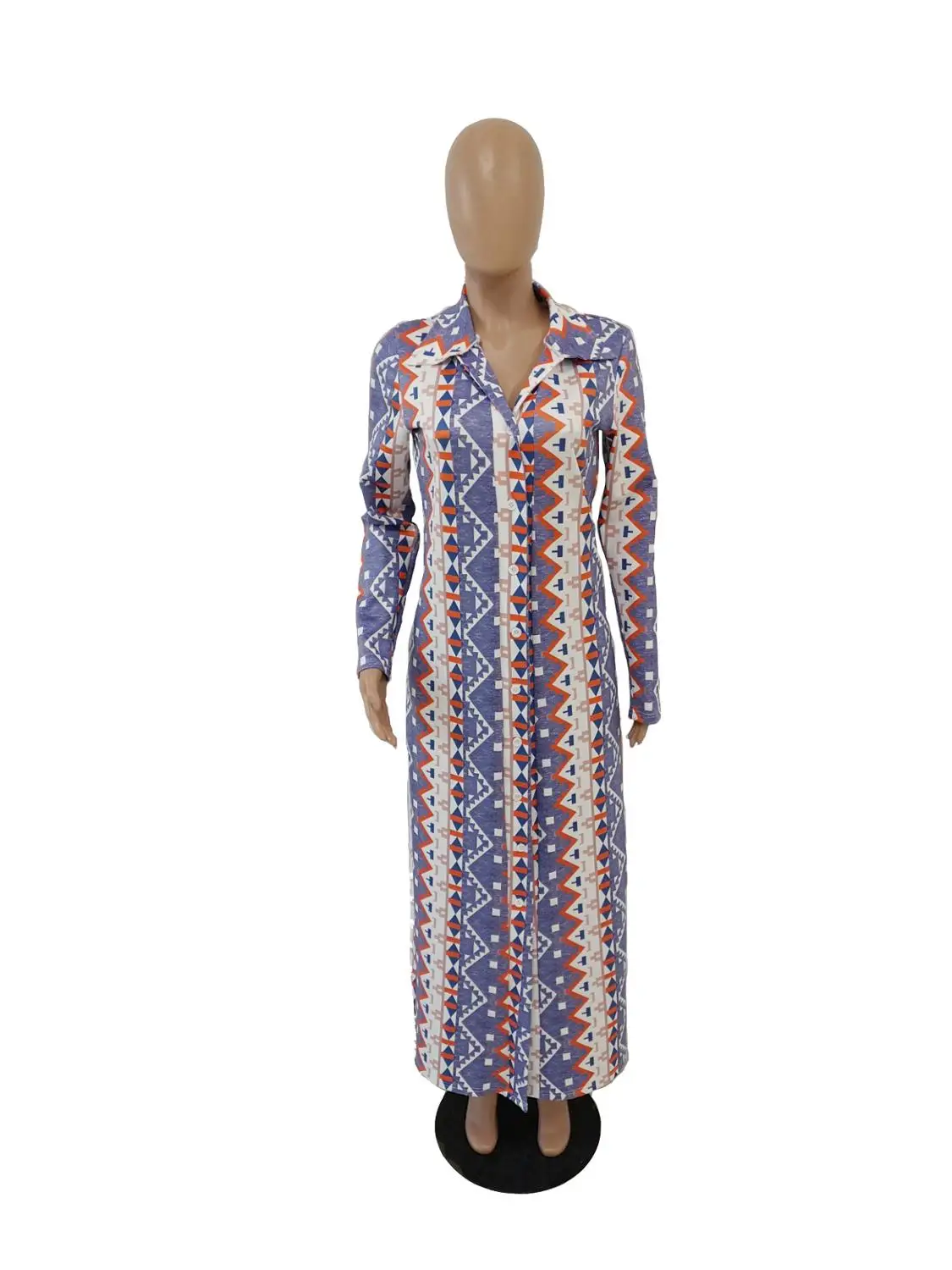 

Multi Geometric Print Straight X-long Overcoats Hot Sale Streetwear Women Turn-down Collar Full Sleeve Button Up Trench