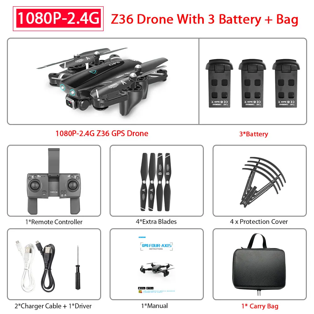 ZWN Z36 gps Квадрокоптер с 720 P/1080 P/4 K HD камерой Rc вертолет gps с фиксированной точкой wifi FPV Дрон следуй за мной режим vs SG900-S E520S - Цвет: 1080P-2.4G 3B Bag