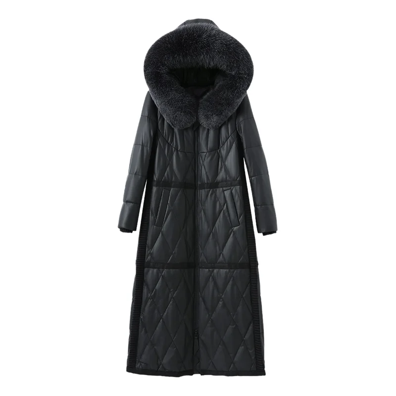 Black Leather Coat Women's Winter Fox Fur Sheepskin Down Coat Long Hooded Leather Outerwear Casual Trench
