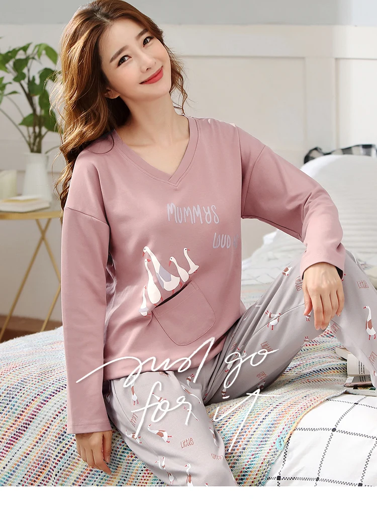 M L XL XXL 3XL 4XL 5XL Женская одежда для сна с длинным рукавом, хлопок, комплекты одежды для сна, осенние пижамы, женские пижамы