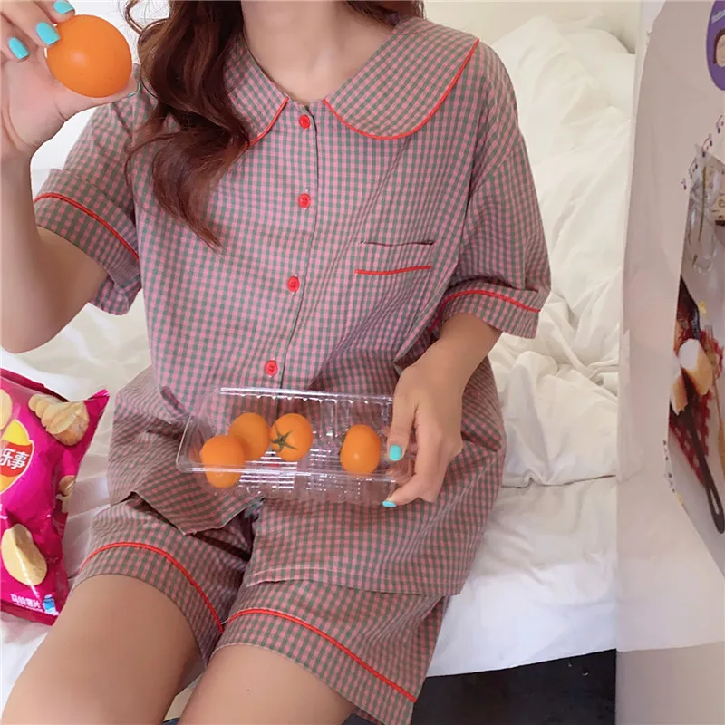 

Harajuku Cute Korean Geometric New Sweet Homewear Summer Chic Plaid Women Girls Sleepwear All Match Loose Pajamas Sets