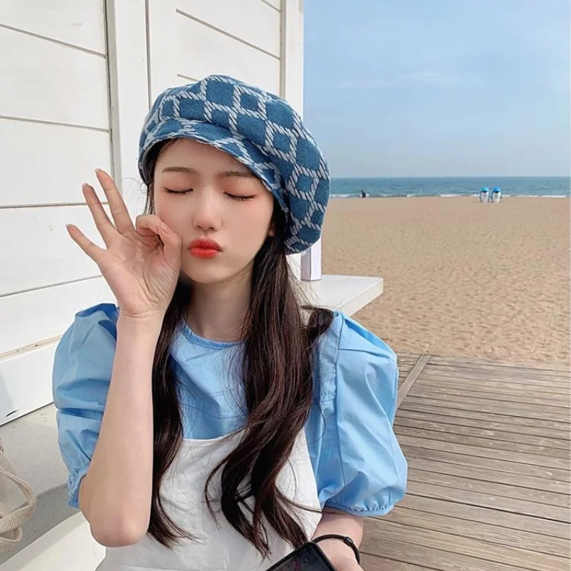 

Женский берет в синюю клетку с бриллиантами, Модный берет в Корейском стиле, шапка художника для улицы, шапки медсестер для женщин