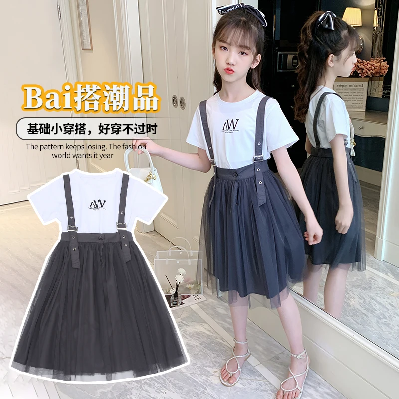 Сетчатая модная корейская детская одежда знаменитостей Новинка Лето 2021 платье