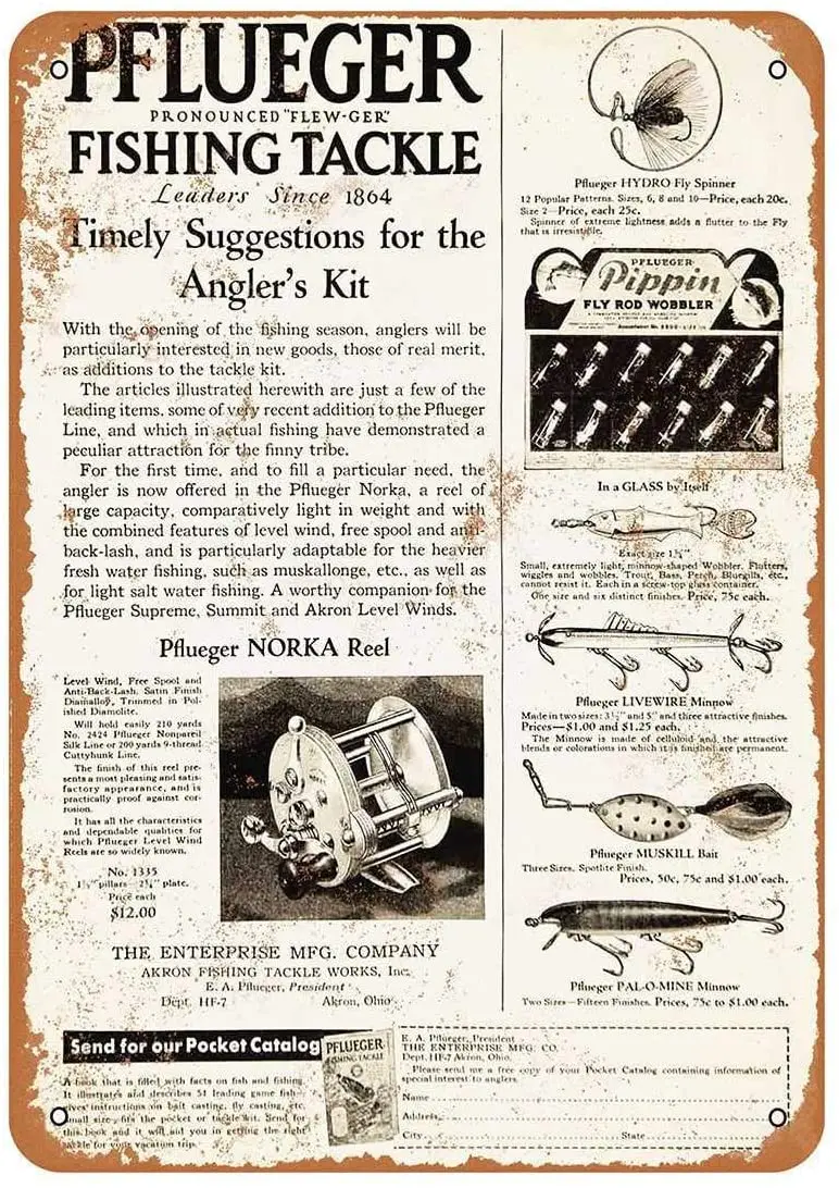 

Diuangfoong 1931 Pflueger Fishing Tackle Vintage Look Metal Sign 12"×8"