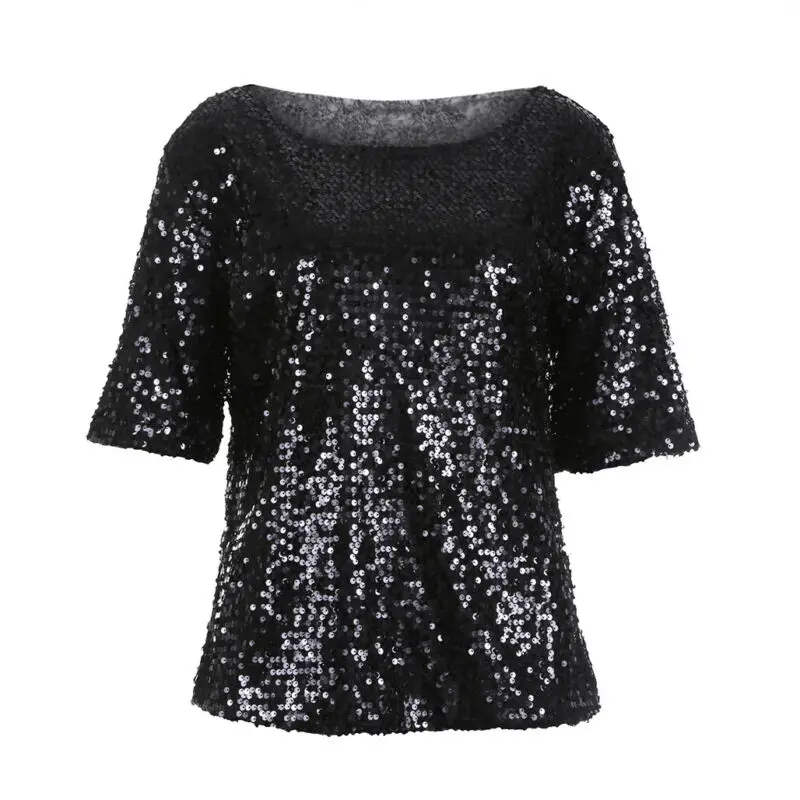 Women Ladies Glistening Sequin Slim T-Shirt Tops Summer Casual Short Sleeve T Shirts | Женская одежда