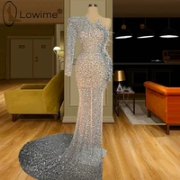 feathers one shoulder silver evening dresses single long sleeve see through mermaid evening gowns formal dress