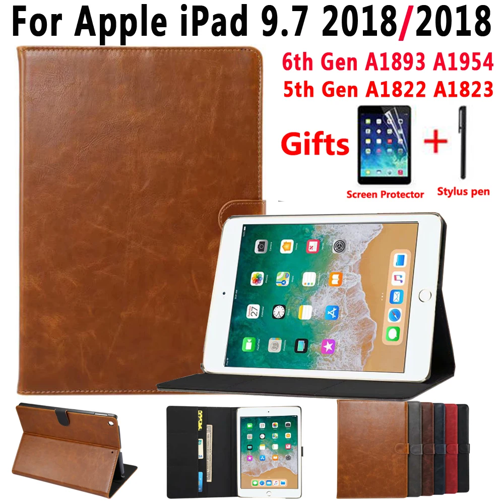 

Premium Leather Smart Case for Apple iPad 9.7 2018 6 6th Generation A1893 A1954 9.7 2017 5 5th Gen A1822 A1823 Cover +Film+Pen