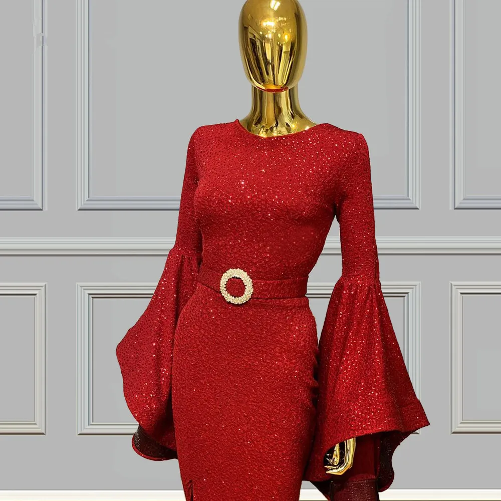 

Burgundy Muslim Evening Dresses Mermaid Long Sleeves Sequins Sparkle Dubai Saudi Arabia Long Prom Dress Gown Robe De Soiree