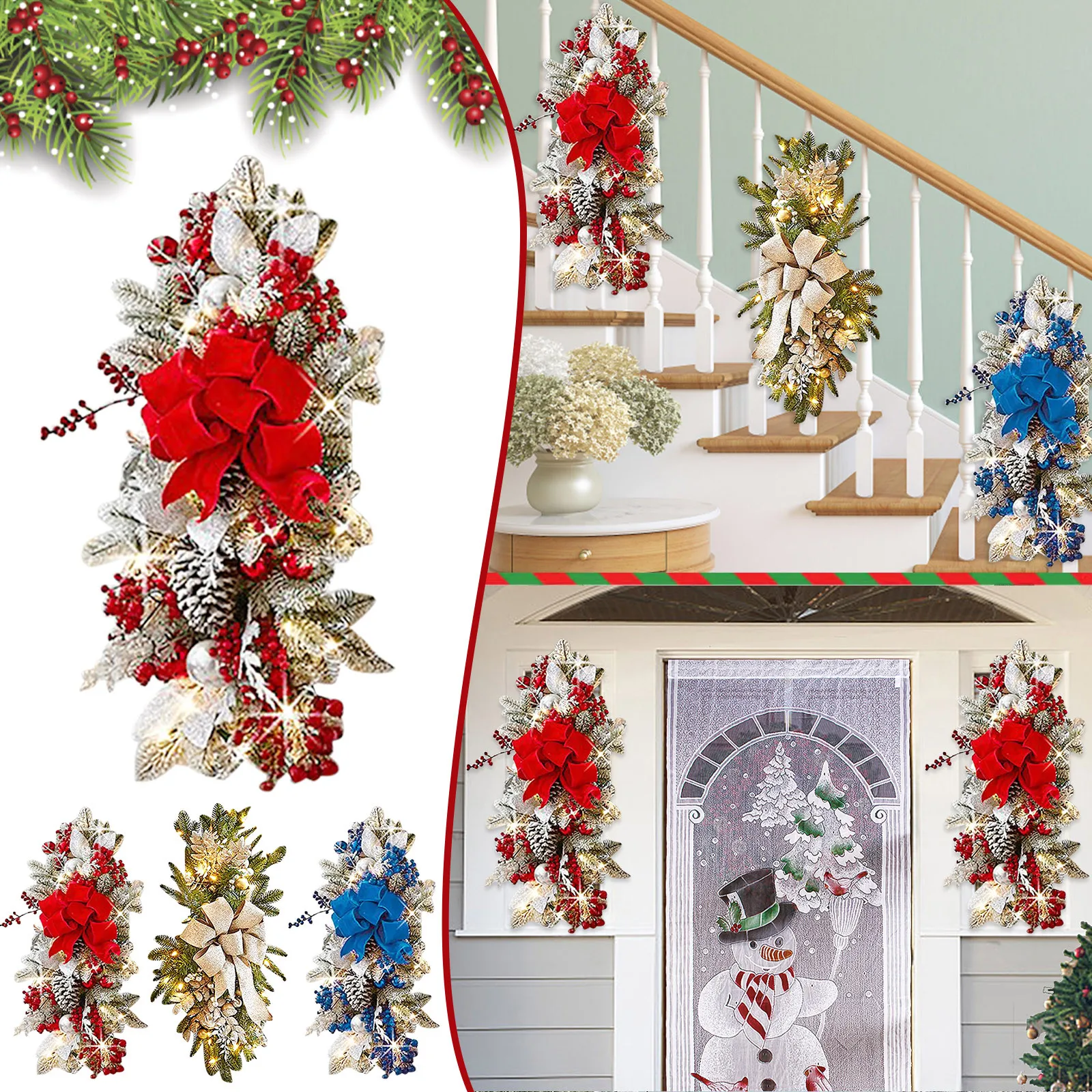 

Рождественский венок с искусственными сосными конусами, ягодами и цветами, праздничный передний свет для дома