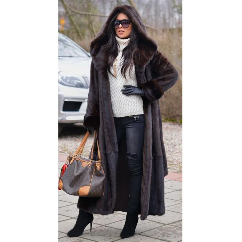 Winter Fashion 120cm Long Real Mink Fur Coats With Hood Thick Warm Whole Skin Genuine Mink Fur Jackets With Belt Slim Overcoats