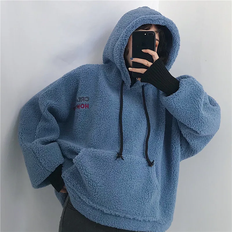 Толстовка женская утепленная с капюшоном бархатная плюшевая в стиле Харадзюку -