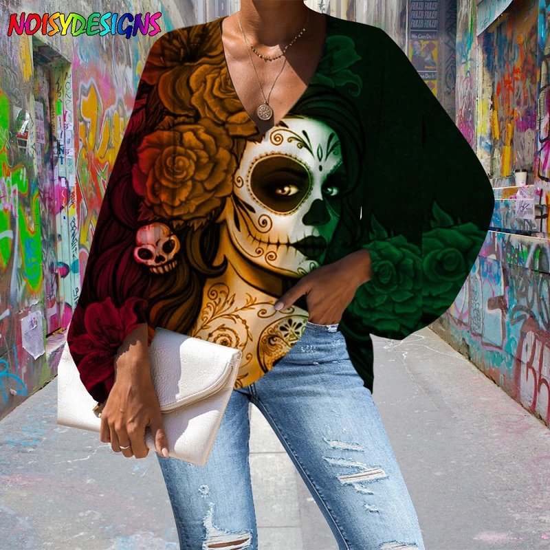 

NOISYDESIGNS Autumn Women Long Sleeve Day Of The Dead Sugar Skull Girls Printed Loose Shirt Breathable Pluse Size Female Blouse