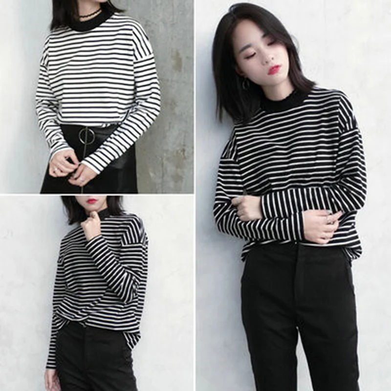 

Women Harajuku T Shirt Korean Style O-Neck Turtleneck Long Sleeved Striped Tops Female T Shirt Autumn Casual Tops
