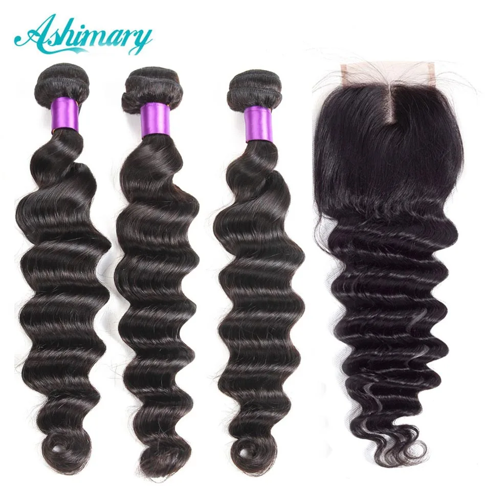 Ashimary свободные глубокие волнистые пучки с бразильские волосы закрытием 3 пучка