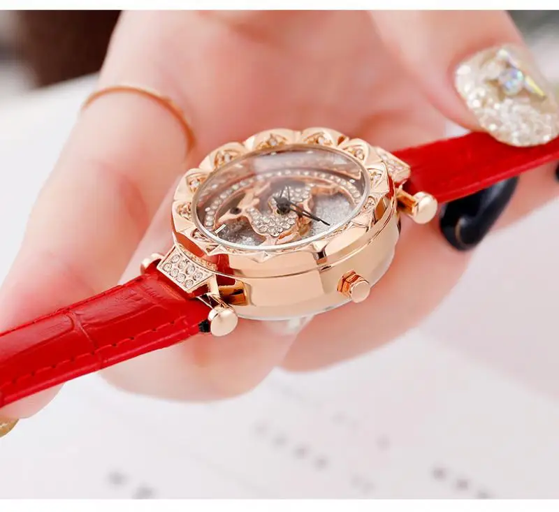 Новинка женские часы браслет модные стразы вращение цветок изысканные