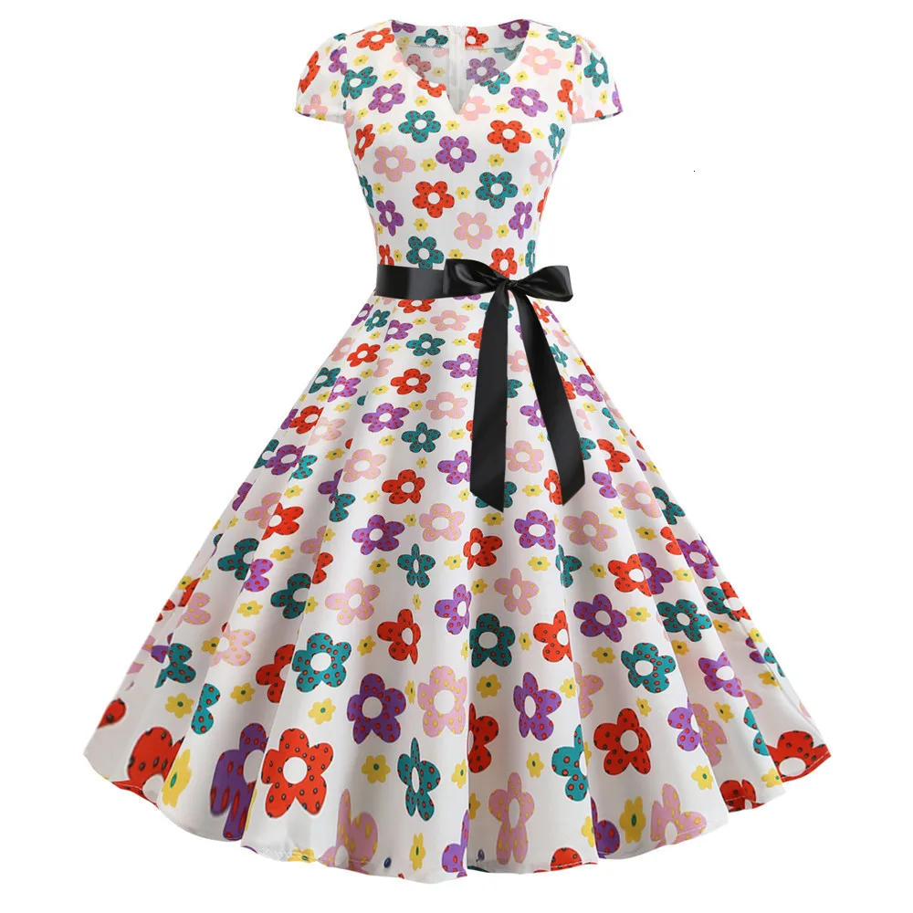 Vintage Dress 2019 Summer Floral Print Short Sleeves Dresses 50 S 60 Office Party Rockabilly Swing Retro Pinup Plus Size |
