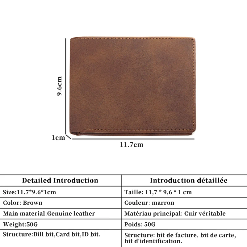 Customized Name Personalized Gift Men's PU Leather Simple Laser Bi-Fold Short Retro Brown Horizontal Ultra-thin Wallet